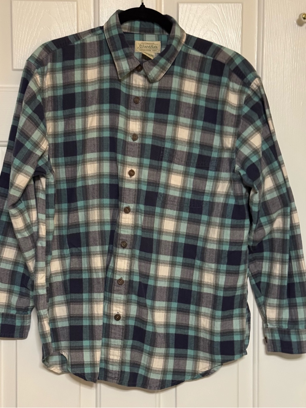St. John's Bay Teal, Navy & White Plaid Button-Down Shirt